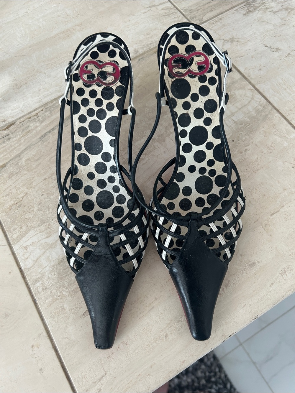 Vintage Escada sling back black/white leather heels size 6 1/2-7 (37 1/2)